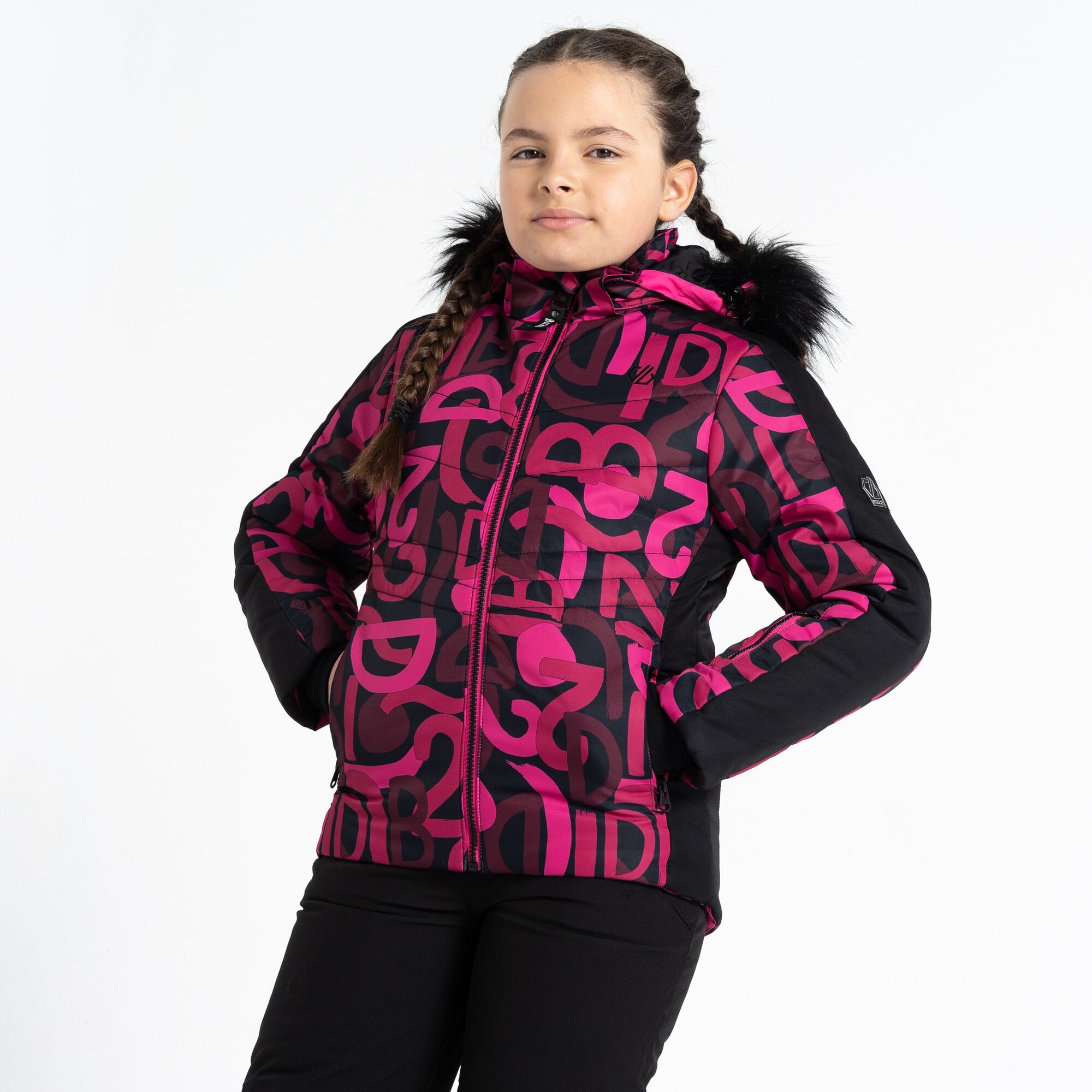 Dare 2b - Dziecięca Kurtka Narciarska Puchowa Ding Czarny w Różowy Wzór, Rozmiar: 152 cm