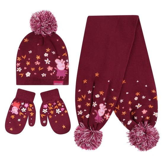 Peppa Pig Knitted Pom Pom Hat Scarf & Glove Set Berry Pink