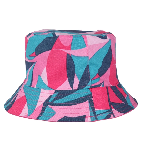 Flip Bucket Hat Tahoe Blue Tropical Leaf Print Pink Potion Flamingo Pink