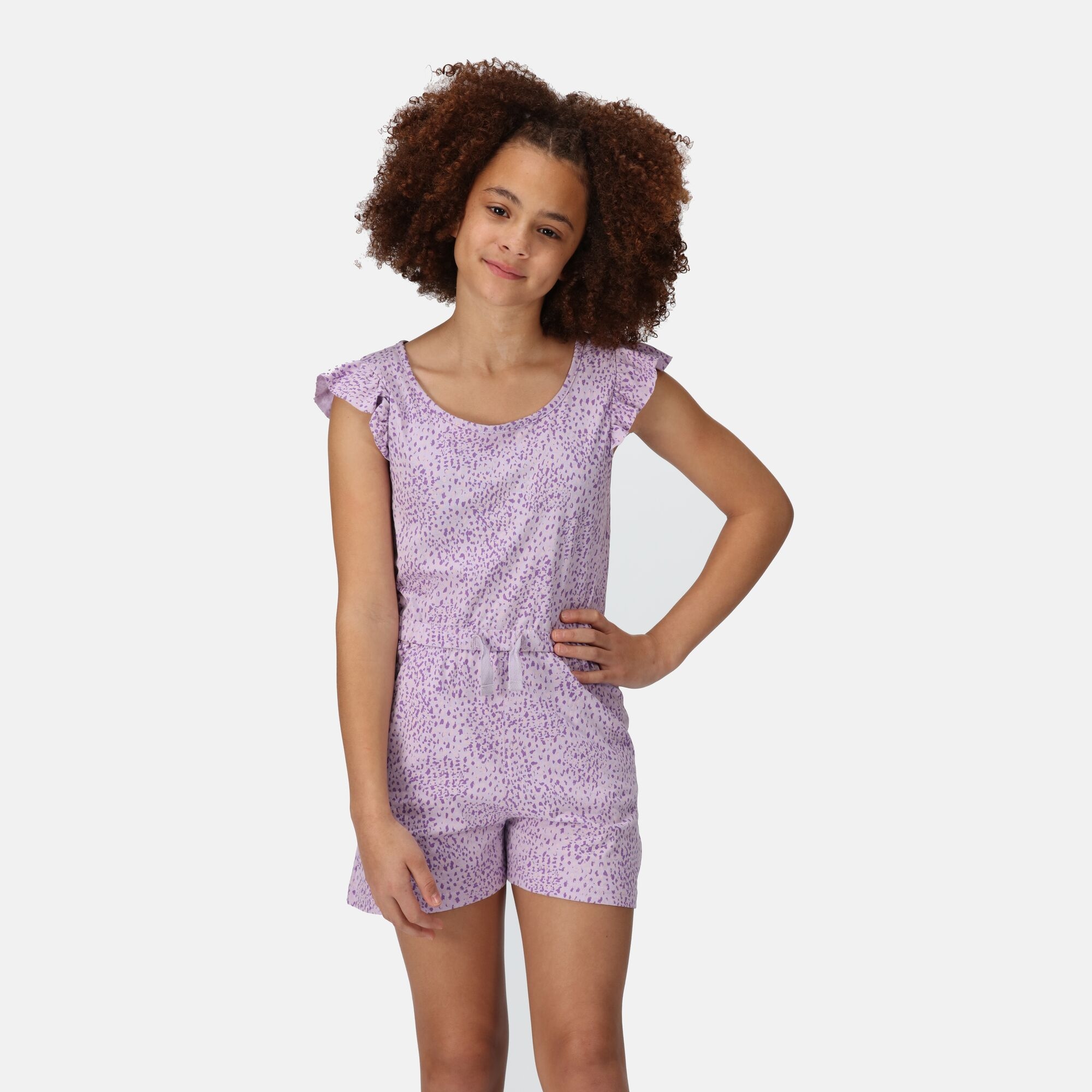 Regatta Kids Breathable Dasie Ruffle Sleeve Playsuit Pastel Lilac Abstract Animal, Size: 9-10 yrs from Regatta IE