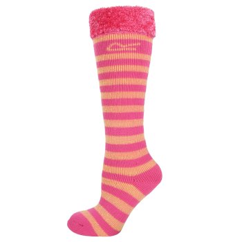Kids Fur Collar Striped Wellington Socks Tulip Pink Lemon Drop
