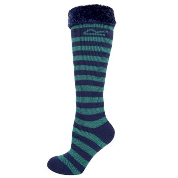 Kids Fur Collar Striped Wellington Socks Green Navy