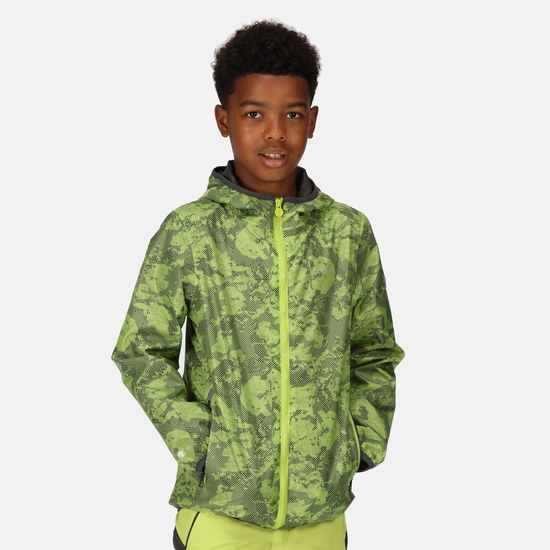 Kids' Printed Lever Packaway Waterproof Jacket Green Algae 