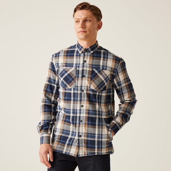 Men's Thamos Long Sleeved Checked Shirt Navy Gold Sand Check