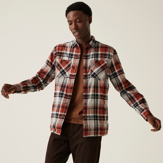 Men's Thamos Long Sleeved Checked Shirt Burnt Henna Check Storm Grey
