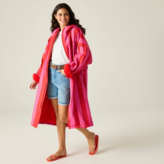 Adult's Waterproof Changing Robe Flamingo Pink Fiery Red Stripe