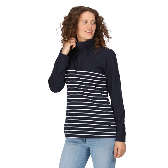 Women's Bayla Button Neck Sweatshirt Navy White Stripe 
