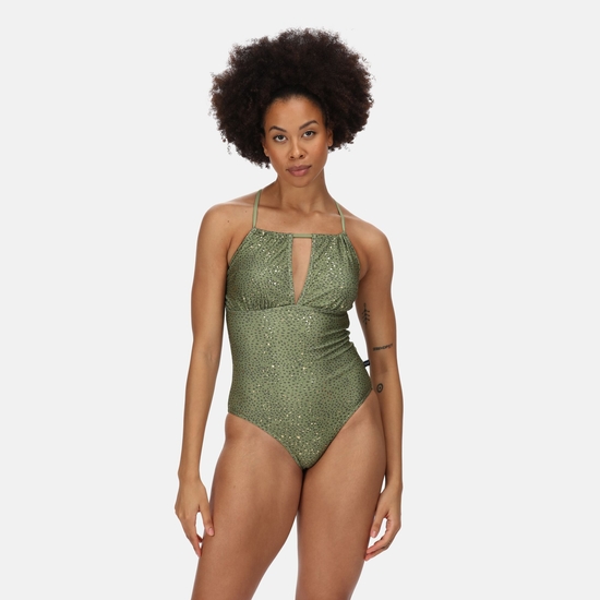 Women's Halliday Halter Neck Swimming Costume Green Fileds Abstract