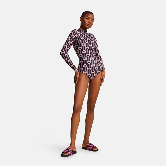 Orla Kiely Long Sleeve Swimsuit Black Tall Flower