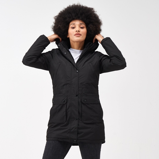 Voltera Femme Parka chaude chauffante imperméable à capuche, bordure en fausse fourrure Noir