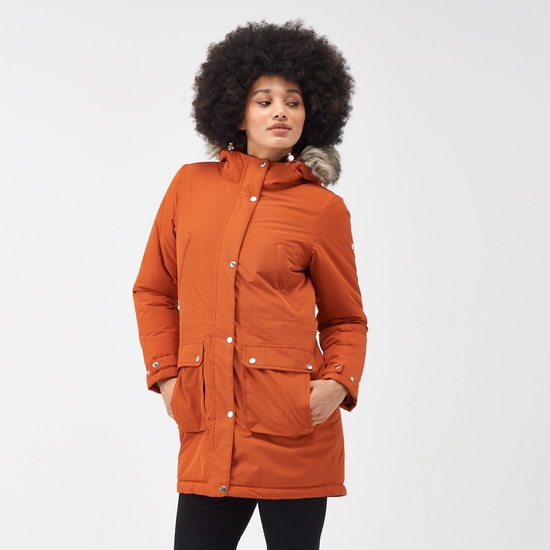 Voltera wasserdichte, isolierte, beheizte Parka-Damenjacke mit Kapuze und Pelzbesatz Orange