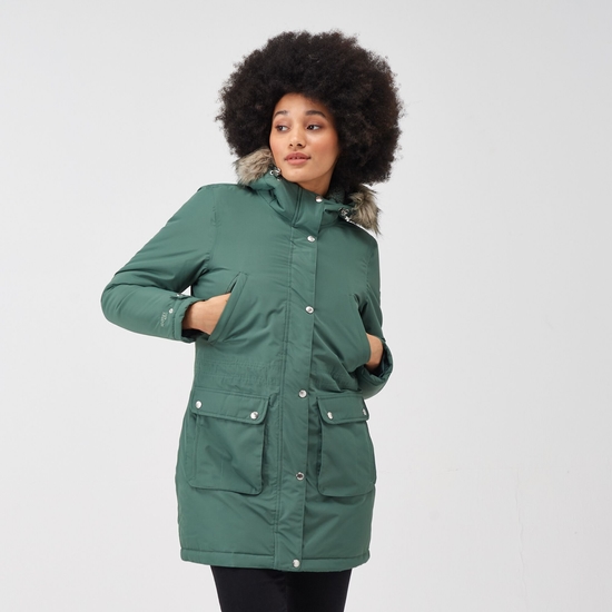 Voltera Femme Parka chaude chauffante imperméable à capuche, bordure en fausse fourrure Vert