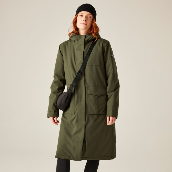 Women's Yarli Waterproof Longline Jacket Dark Khaki Black