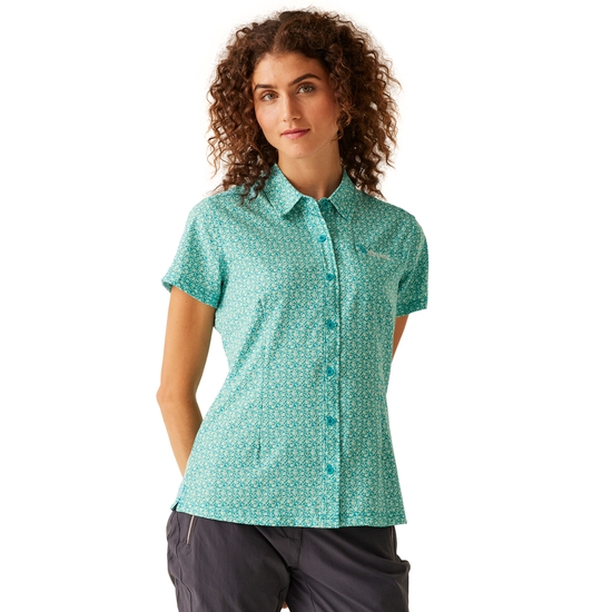 Women's Travel Packaway Short Sleeve Shirt Tahoe Blue Floral Print