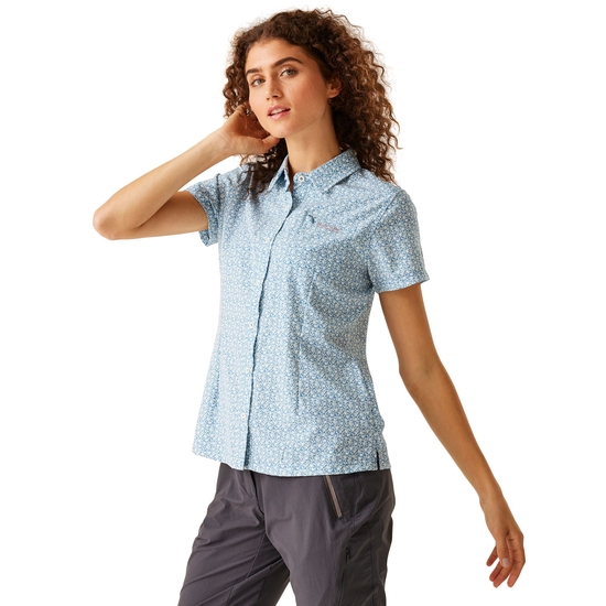 Women's Travel Packaway Short Sleeve Shirt Coronet Blue Floral Print