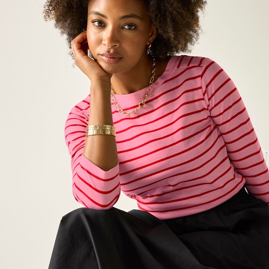 Regatta Women's Bayletta II 3/4 Sleeve Top  Pink Lemonade Red Stripe