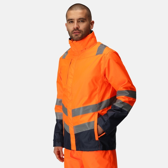 Men's Waterproof 3 In 1 Hi-Vis Jacket Orange Navy