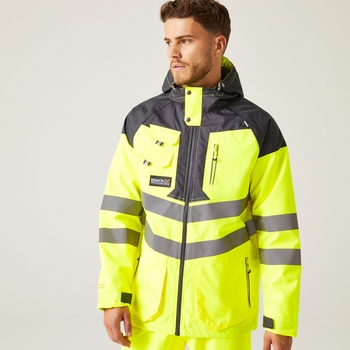 Men's Hi-Vis Waterproof Reflective Parka Jacket Yellow Grey