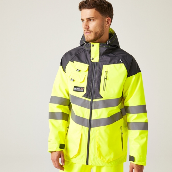 Men's Hi-Vis Waterproof Reflective Hooded Jacket Yellow Grey