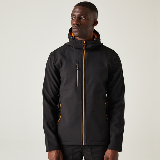 Men's Navigate 2 Layer Hooded Softshell Jacket Black Orange Pop