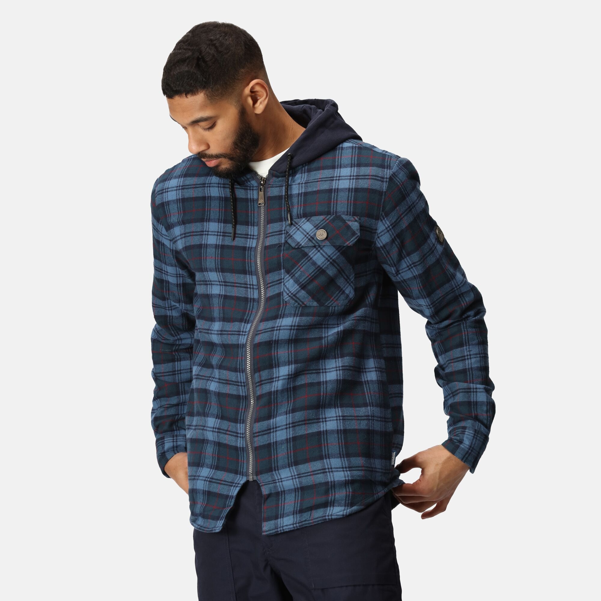 Regatta Professional Men's Seige Hooded Shirt Jacket Navy Check, Size: L