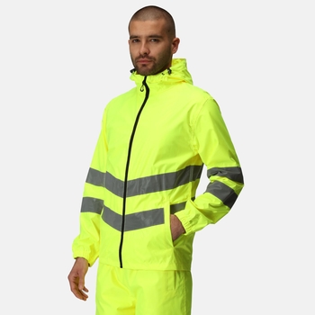 Men's Hi Vis Pro Waterproof Reflective Packaway Work Jacket Yellow